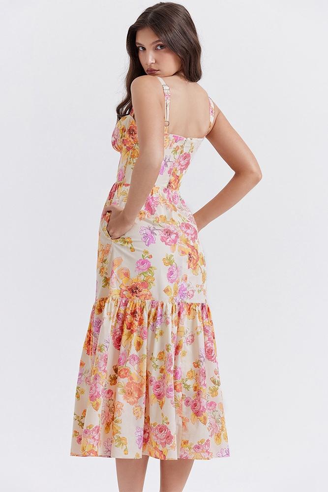 Floral Print Bustier Sweetheart Corset Bodice Ruffle Tier Flared Midi Dress