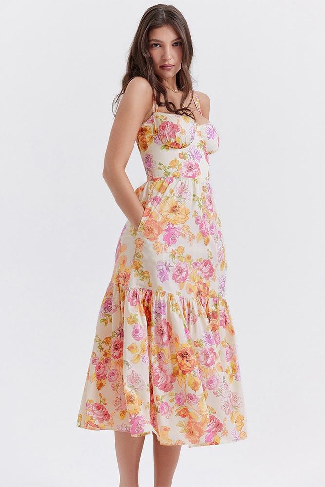 Floral Print Bustier Sweetheart Corset Bodice Ruffle Tier Flared Midi Dress