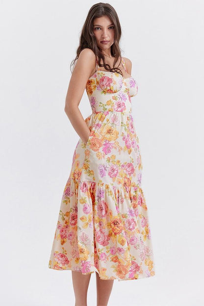 Floral Print Bustier Sweetheart Corset Bodice Ruffle Tier Flared Midi Dress