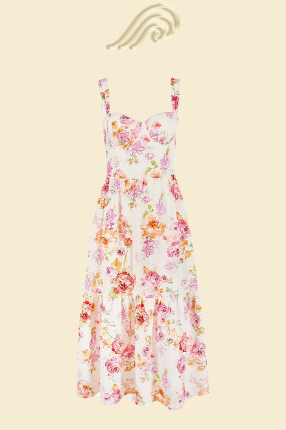 Floral Print Bustier Sweetheart Corset Bodice Ruffle Tier Flared Midi Dress