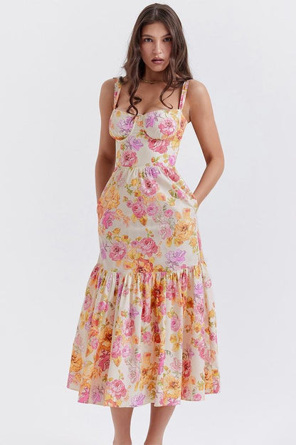 Floral Print Corset Sweetheart Neckline Scalloped Trim Midi Dress