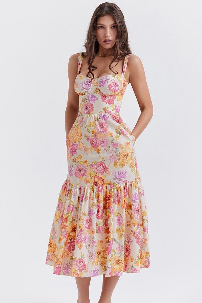 Floral Print Bustier Sweetheart Corset Bodice Ruffle Tier Flared Midi Dress