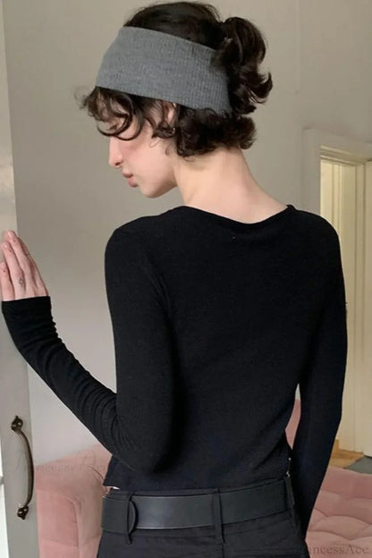 Cotton Cropped Faux Two-Piece Slim Long Sleeve Tee