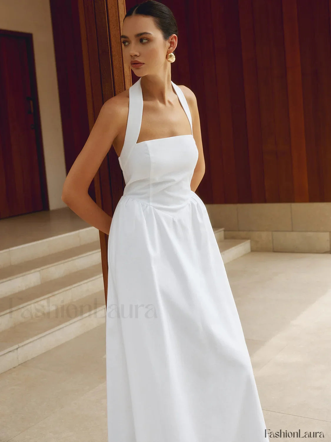 Cotton & Linen Halter A Line Long Dress