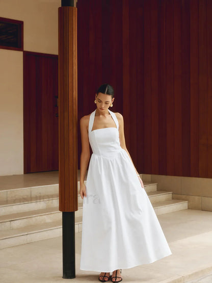 Cotton & Linen Halter Modern A Line Long Dress