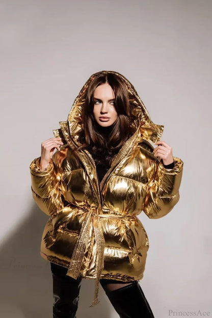 Cotton Padded Metallic Color Belt Pocket Coat