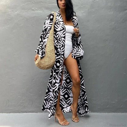 Cotton Rayon Printed Self Belted Maxi Boho Cover up
