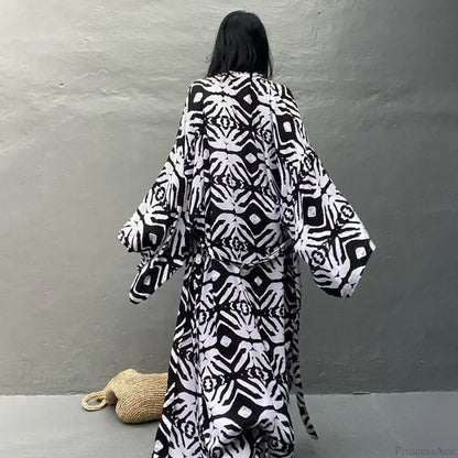 Cotton Rayon Printed Self Belted Maxi Boho Cover up