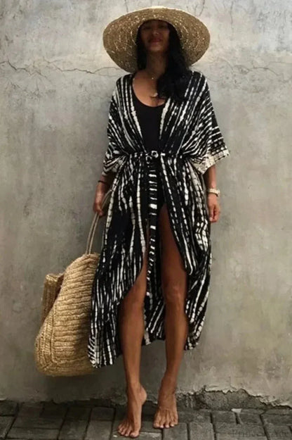 Cotton Rayon Tie-Dye Stripes Boho Kimono Cover up