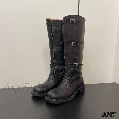 Cowhide Version Miu 2024 Runway Vintage Long Boots Distressed Leather Belt Buckle High Rider Women's Shoes