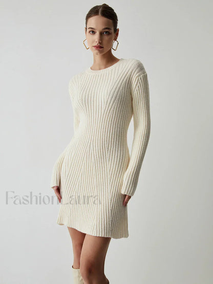 Cream Rib Long Trendy Sleeve Short Sweater Dress