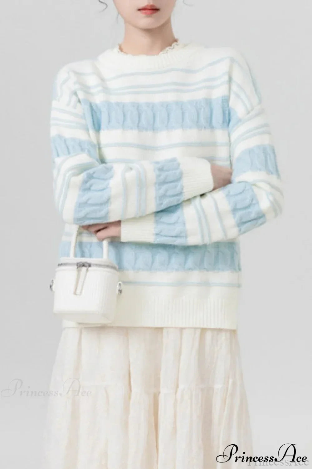 Creamy Stripe Cable-Knit Loose Sweater
