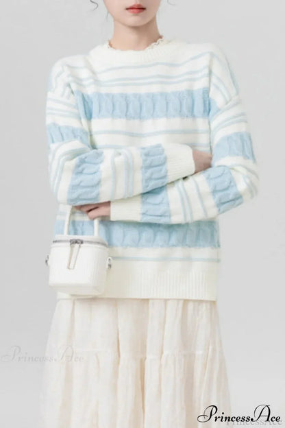Creamy Stripe Cable-Knit Loose Sweater