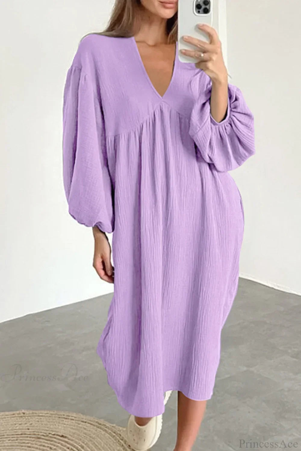 Crepe V Neck Puff Sleeve Loose Dress