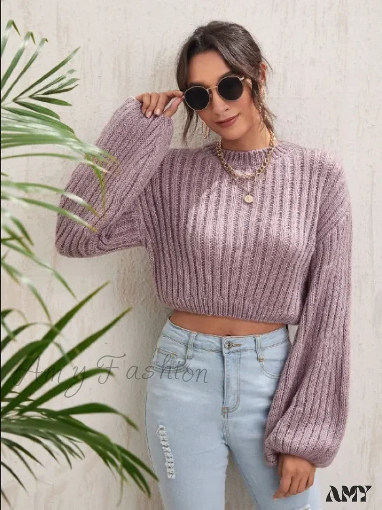 Crew Neck Casual Solid Color Short Waist Lantern Sleeve Sweater