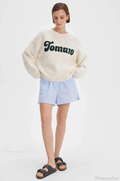 Crew Neck Letter Jacquard Loose Knit Sweater