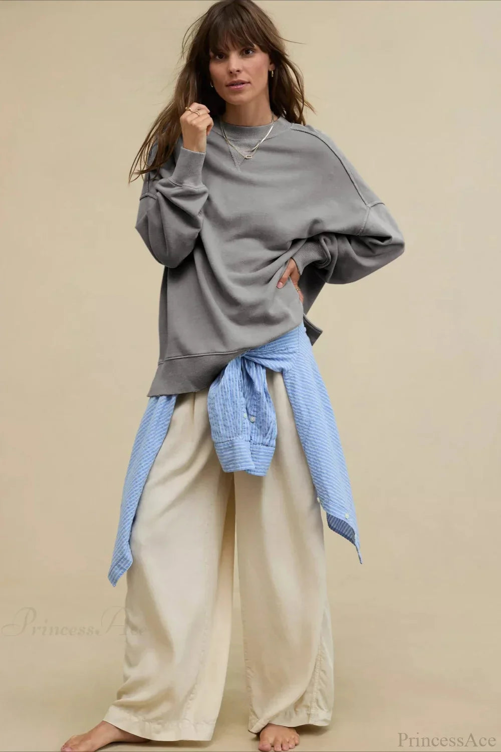 Crew Neck Solid Minimalist Relaxed Sweatshirt