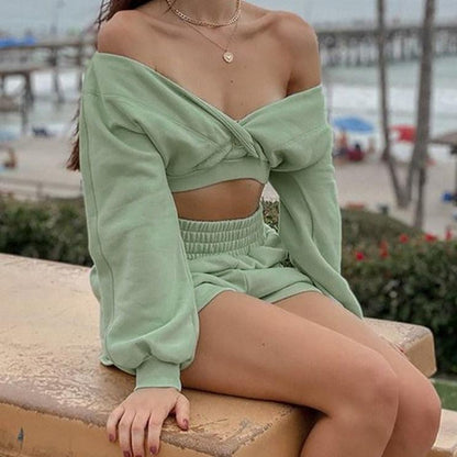 KittenAlarm - Cristine Off Shoulder Crop Top & Shirred Mini Shorts Set