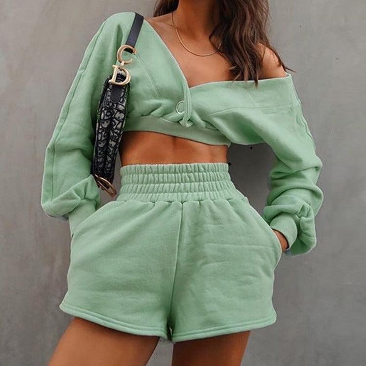 KittenAlarm - Cristine Off Shoulder Crop Top & Shirred Mini Shorts Set
