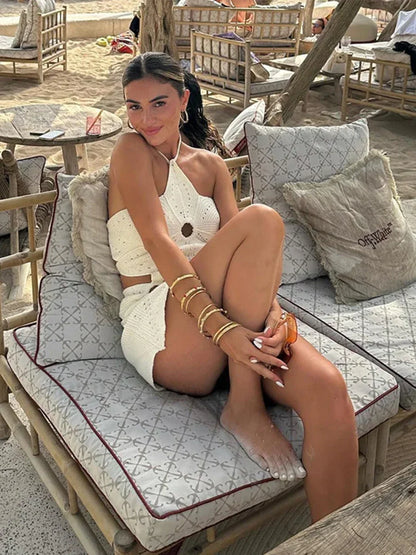 Crochet Hollow Halter Mini Dress