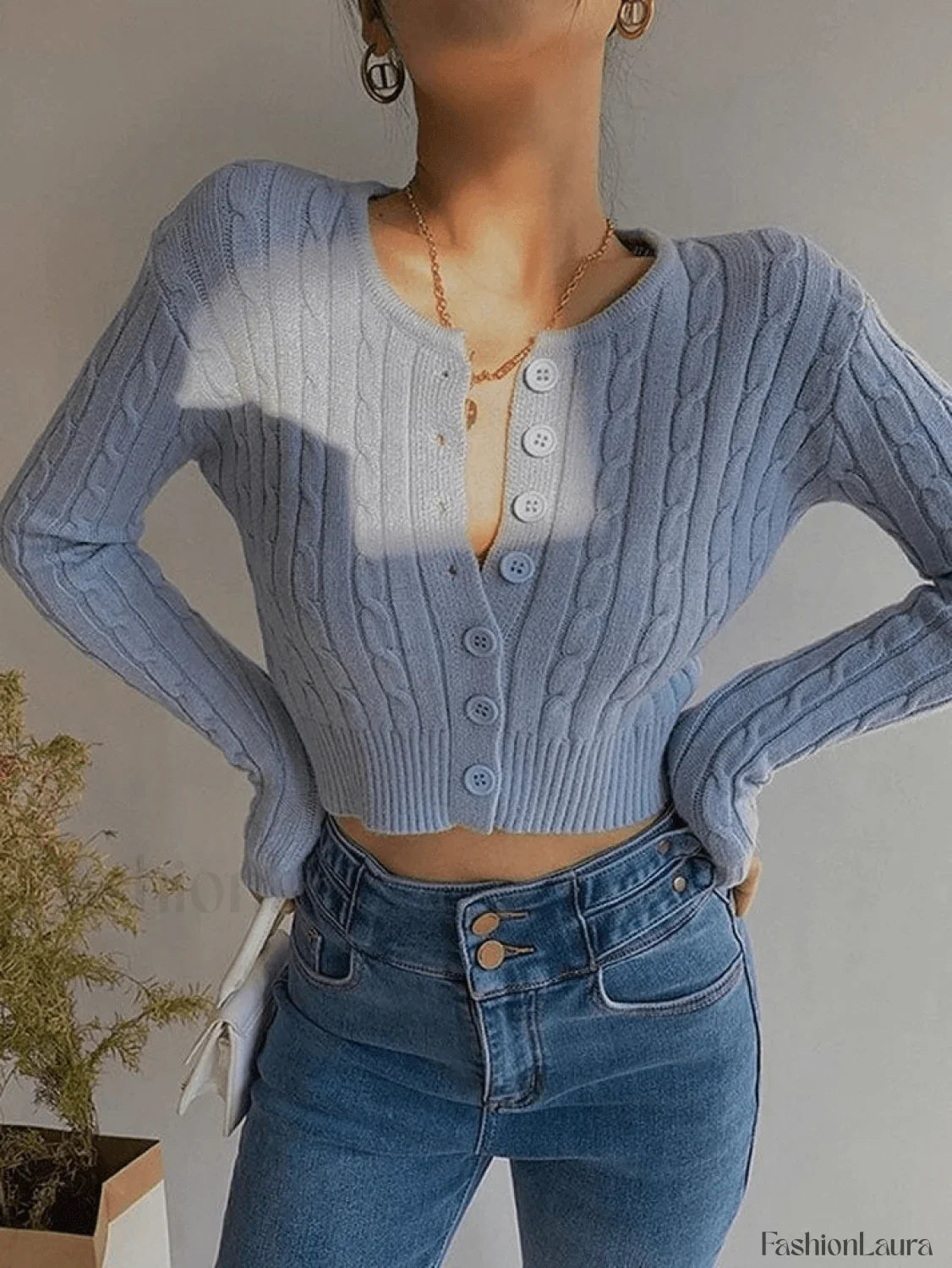 Cropped Button Cable Knit Cardigan