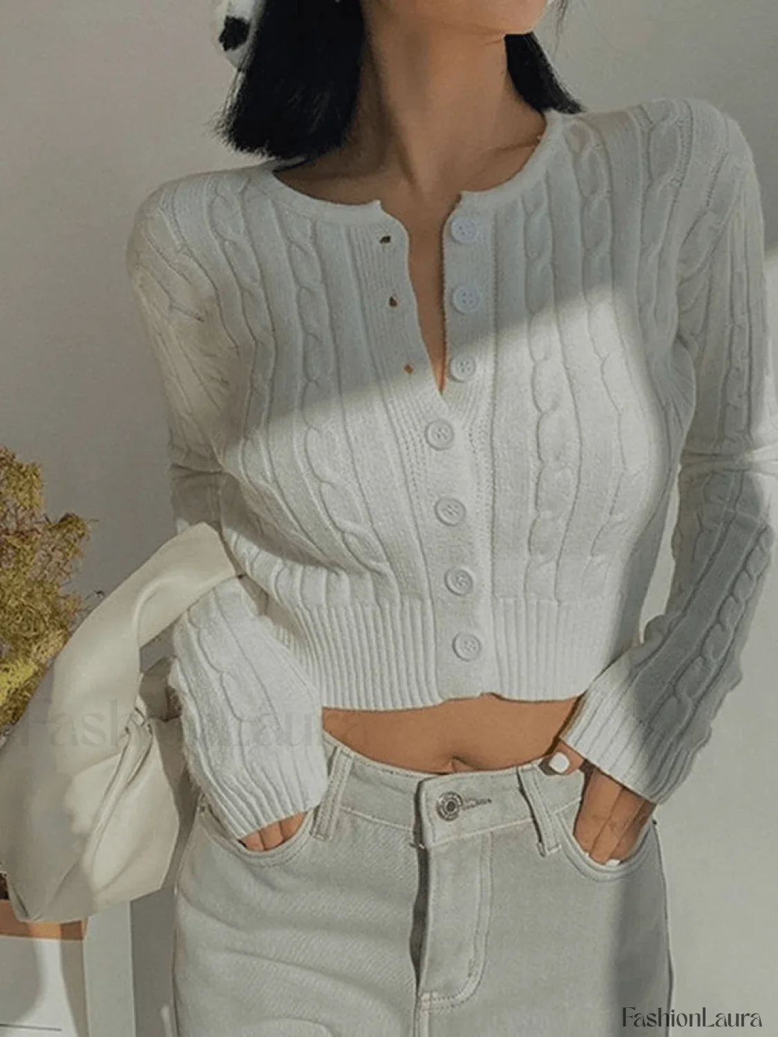 Cropped Button Cable Knit Cardigan