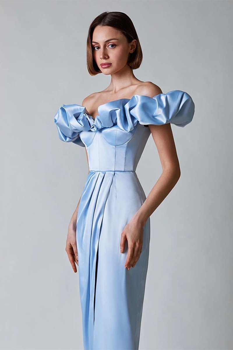 Off-Shoulder Ruffle Sweetheart Corset Bodice Draped Wrap High-Slit Satin Maxi Dress