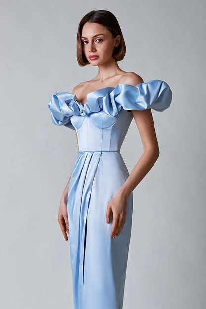 Off-Shoulder Ruffle Sweetheart Corset Bodice Draped Wrap High-Slit Satin Maxi Dress