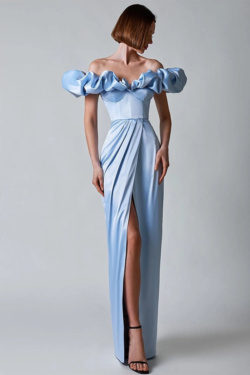 Off-Shoulder Ruffle Sweetheart Corset Bodice Draped Wrap High-Slit Satin Maxi Dress