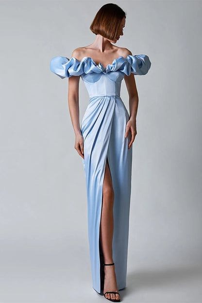 Off-Shoulder Ruffle Sweetheart Corset Bodice Draped Wrap High-Slit Satin Maxi Dress