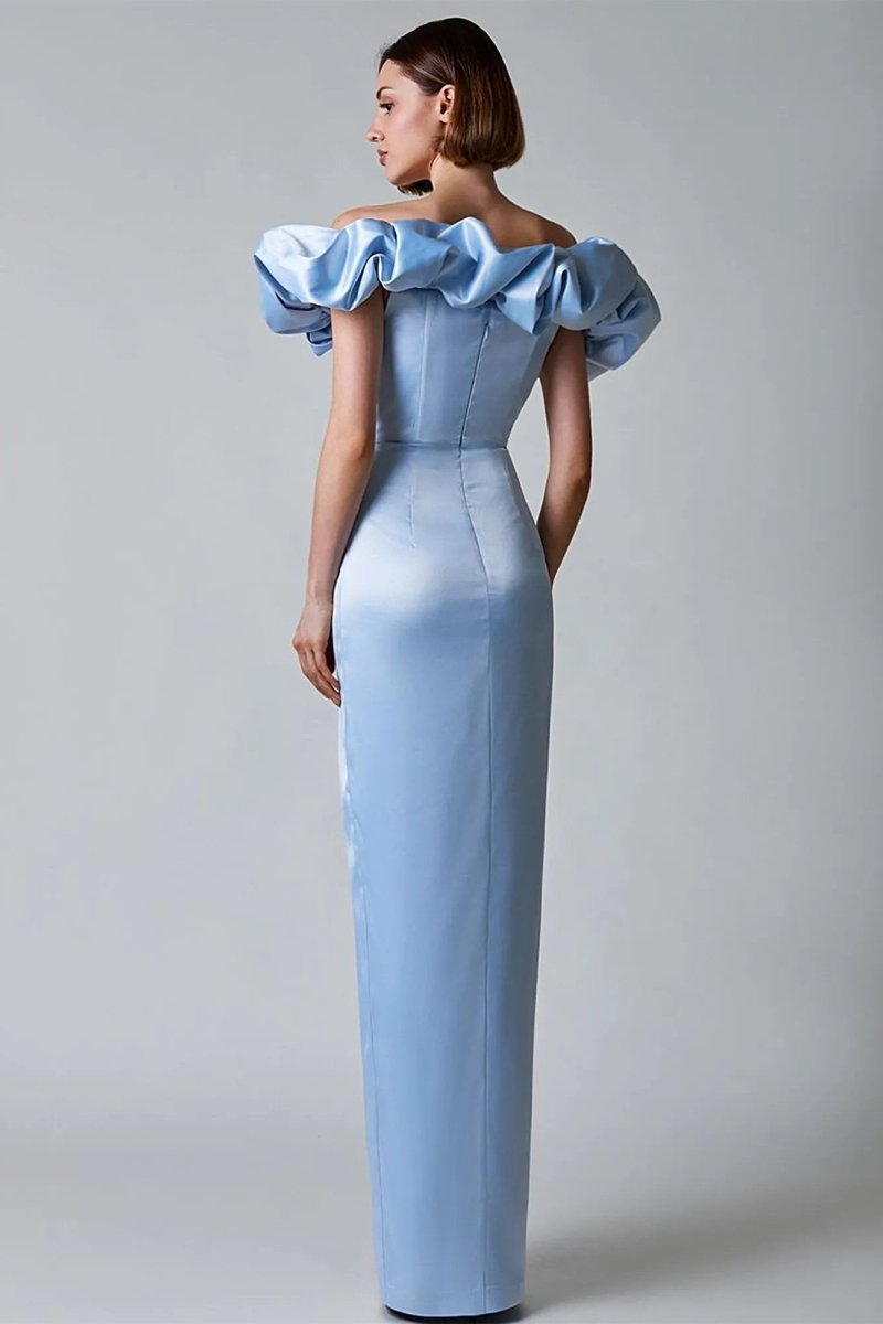 Off-Shoulder Ruffle Sweetheart Corset Bodice Draped Wrap High-Slit Satin Maxi Dress