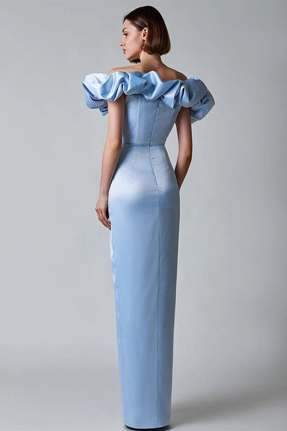 Off-Shoulder Ruffle Sweetheart Corset Bodice Draped Wrap High-Slit Satin Maxi Dress