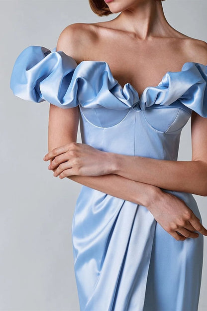Off-Shoulder Ruffle Sweetheart Corset Bodice Draped Wrap High-Slit Satin Maxi Dress