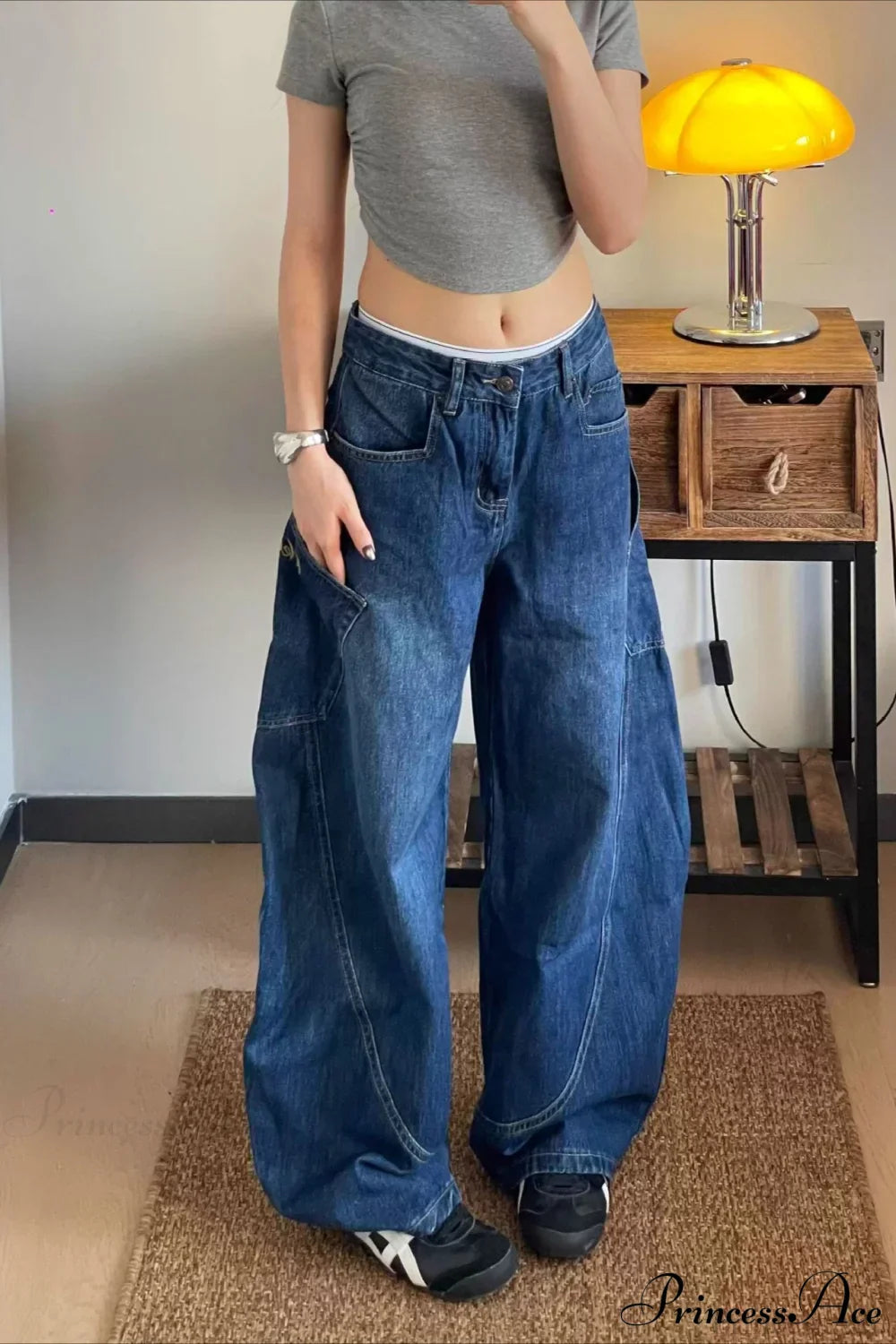 Curved Denim High Waist Loose Cargo Pants
