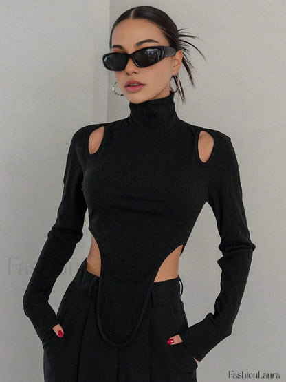 Cut Out High Trendy Neck Asymmetric Hem Top