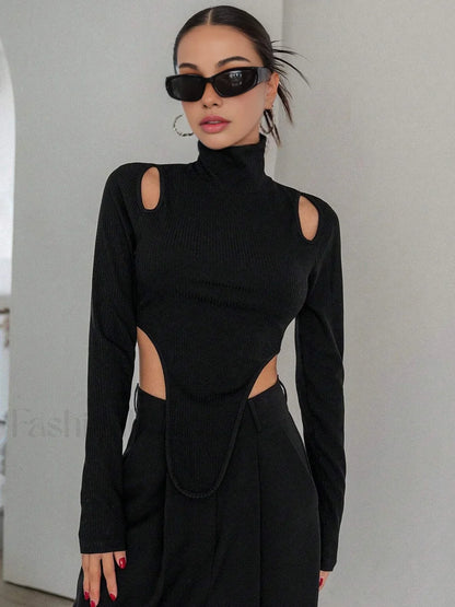 Cut Out High Trendy Neck Asymmetric Hem Top