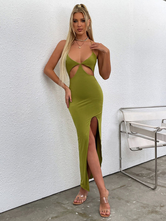 Plunging Halter Neck Criss Cross Waist Cutout High Slit Maxi Dress