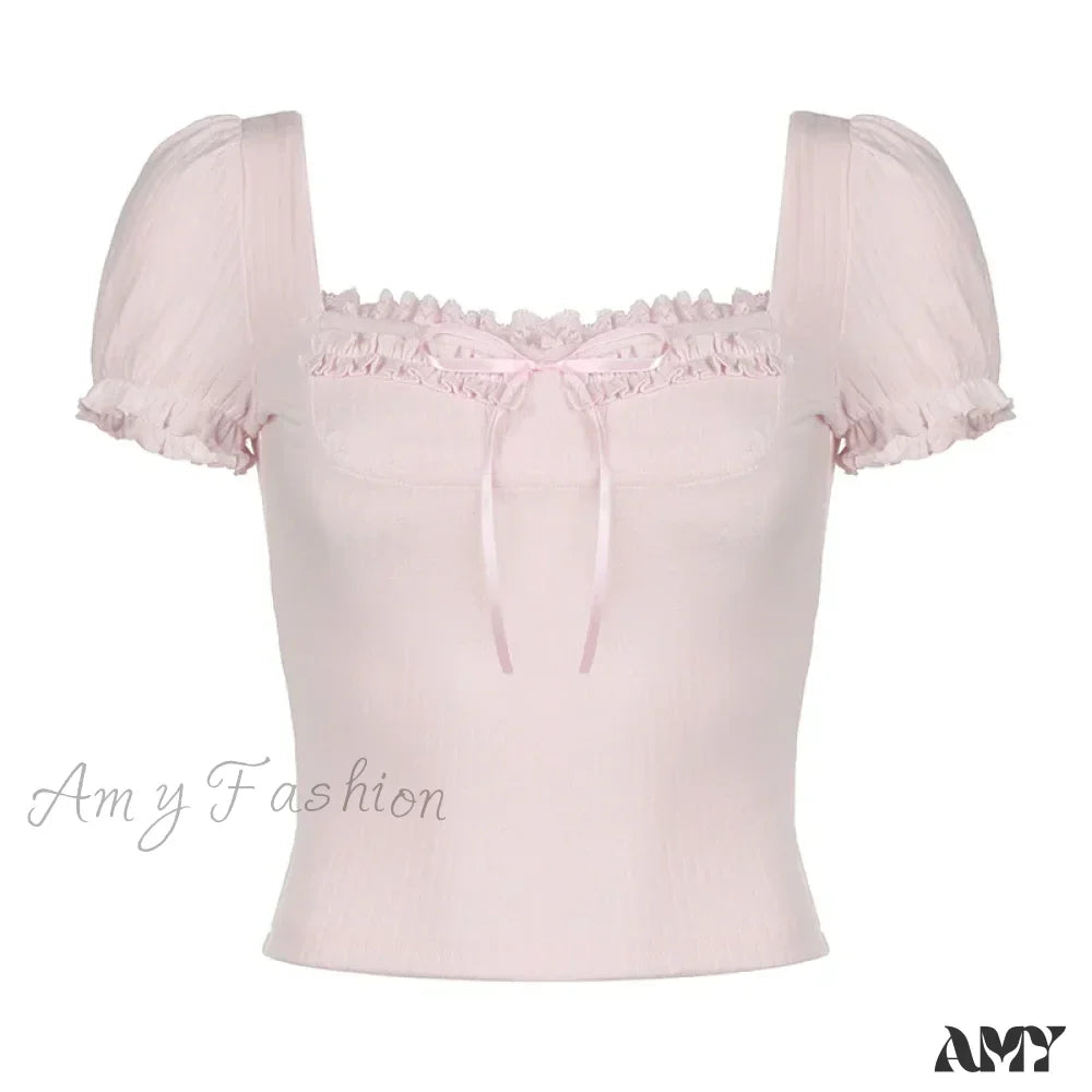 Cute Coquette Pink Kawaii Ruched Stitching Square Collar White Short Sleeve Y2k Crop Top