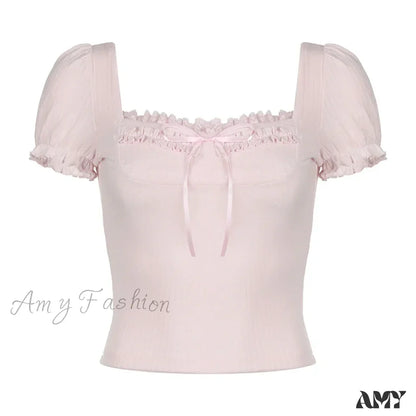 Cute Coquette Pink Kawaii Ruched Stitching Square Collar White Short Sleeve Y2k Crop Top