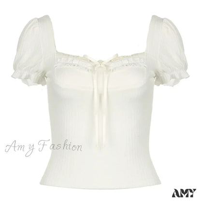 Cute Coquette Pink Kawaii Ruched Stitching Square Collar White Short Sleeve Y2k Crop Top