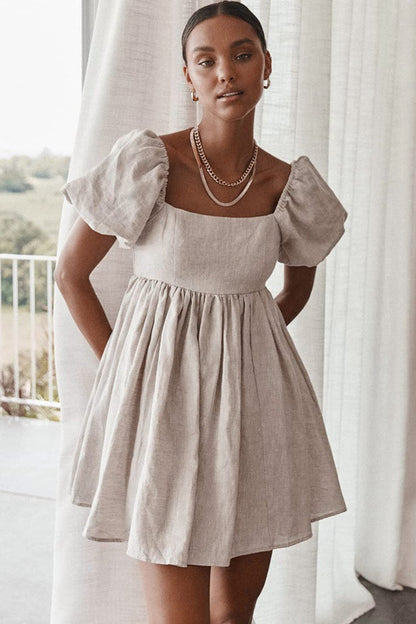 Square Neck Puff Sleeve Linen Babydoll Mini Dress