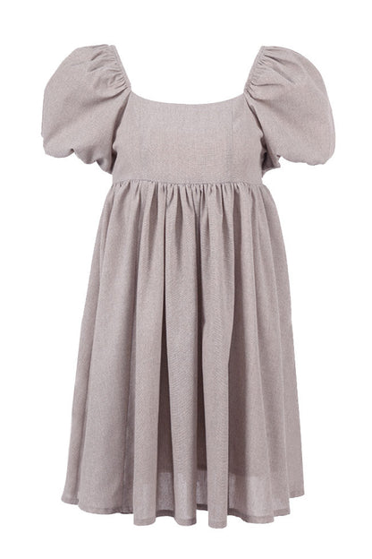 Square Neck Puff Sleeve Linen Babydoll Mini Dress