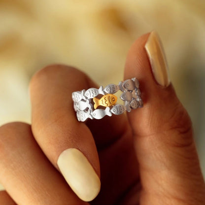 Two Tone Plated Fish Layered Ring - Silver