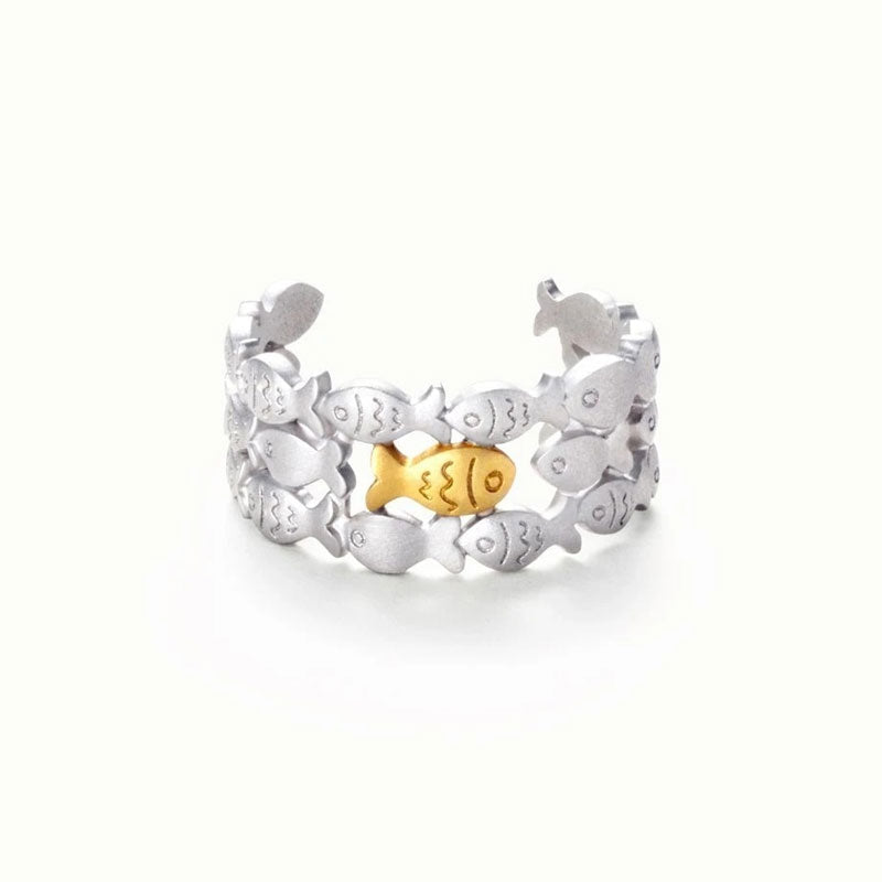 Two Tone Plated Fish Layered Ring - Silver