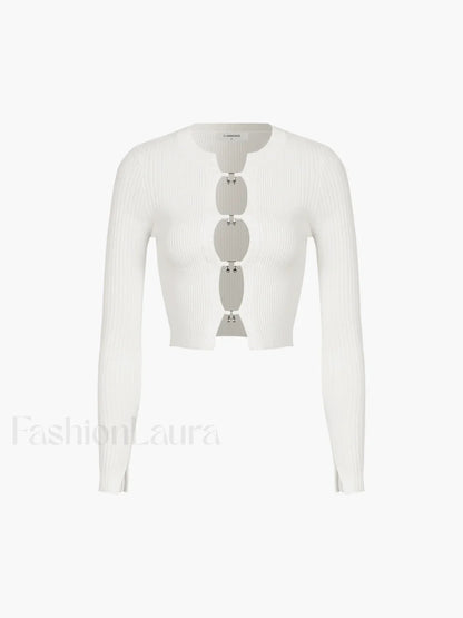 Cutout Split Beads Trendy Detail Ribbed Knit Top