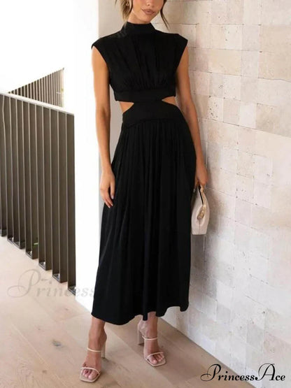 Cutout Waist Pocketed Charming Vacation Midi Dress