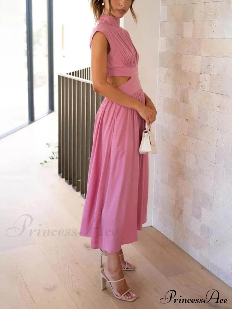 Cutout Waist Pocketed Charming Vacation Midi Dress