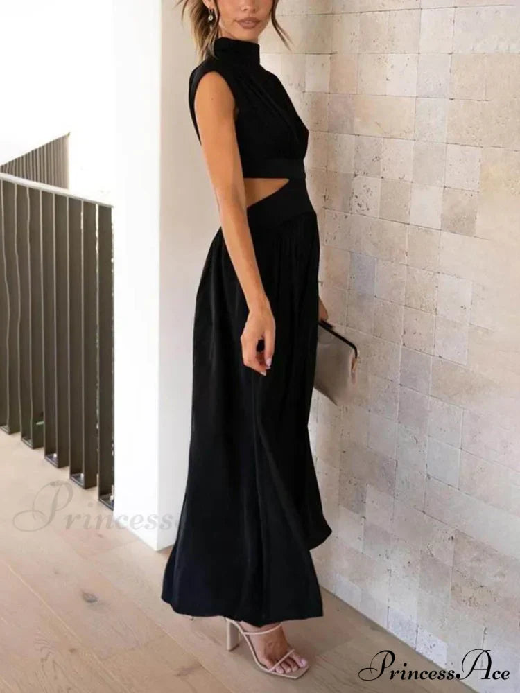 Cutout Waist Pocketed Charming Vacation Midi Dress