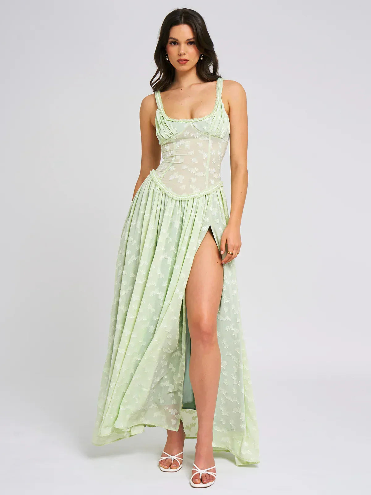 Sweetheart Ruffle Trim Corset Pleated High Slit Abstract Print Maxi Dress