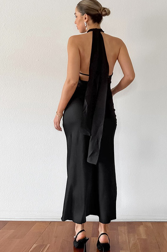 Halter Neck Ruched Collar Satin Column Maxi Dress